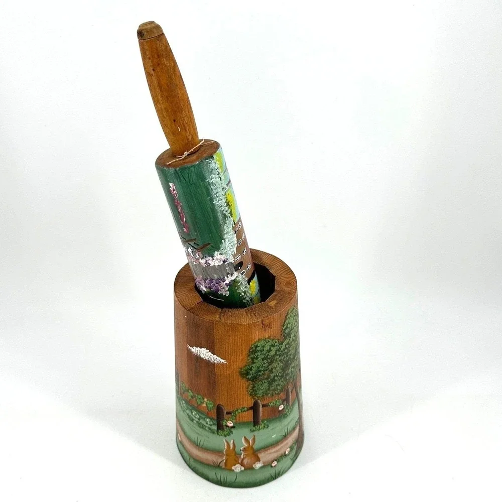 Handpainted Wooden Rolling Pin and Crock Set Country Farmhouse‎ Folk Art Bunnies